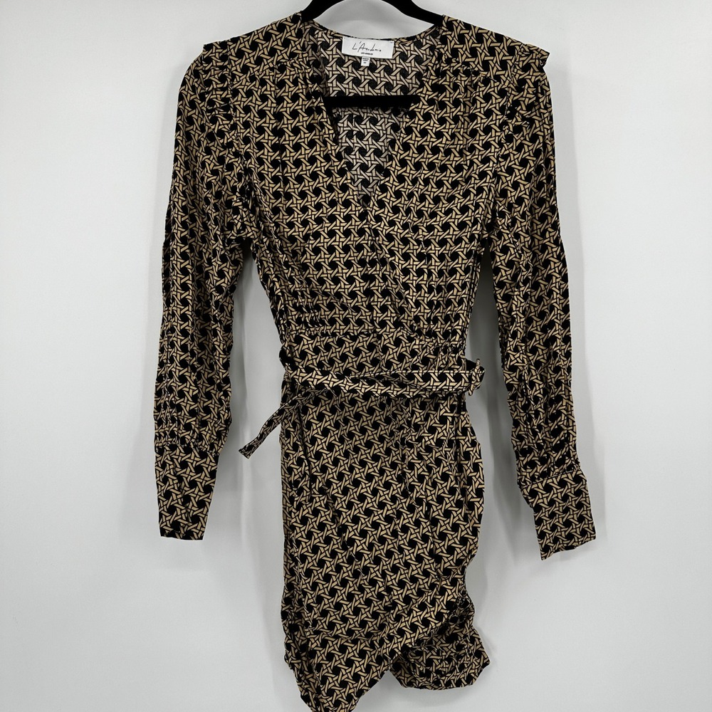 L'Academie Geometric Basketweave Wrap Mini Dress‎ Tan Black XS Long Sleeve Luxe